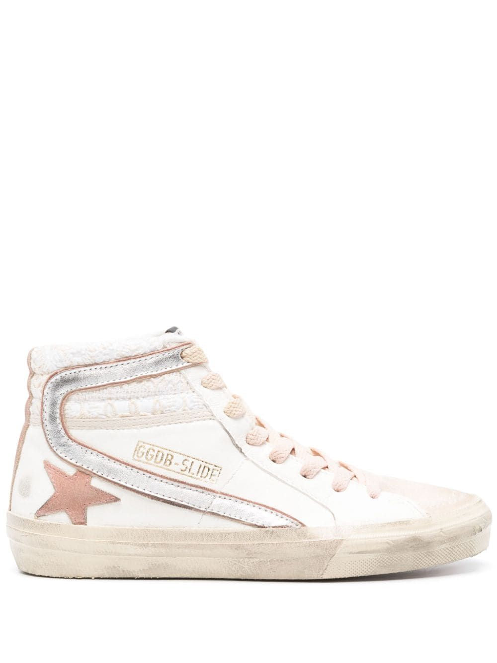 GOLDEN GOOSE White Distressed Sneakers with Metallic Trim and Embroidered Collar