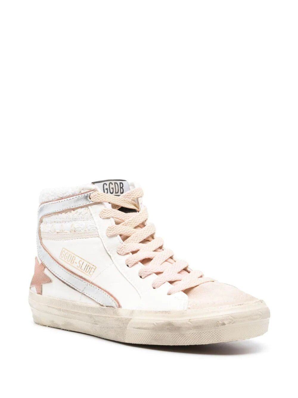 GOLDEN GOOSE White Distressed Sneakers with Metallic Trim and Embroidered Collar