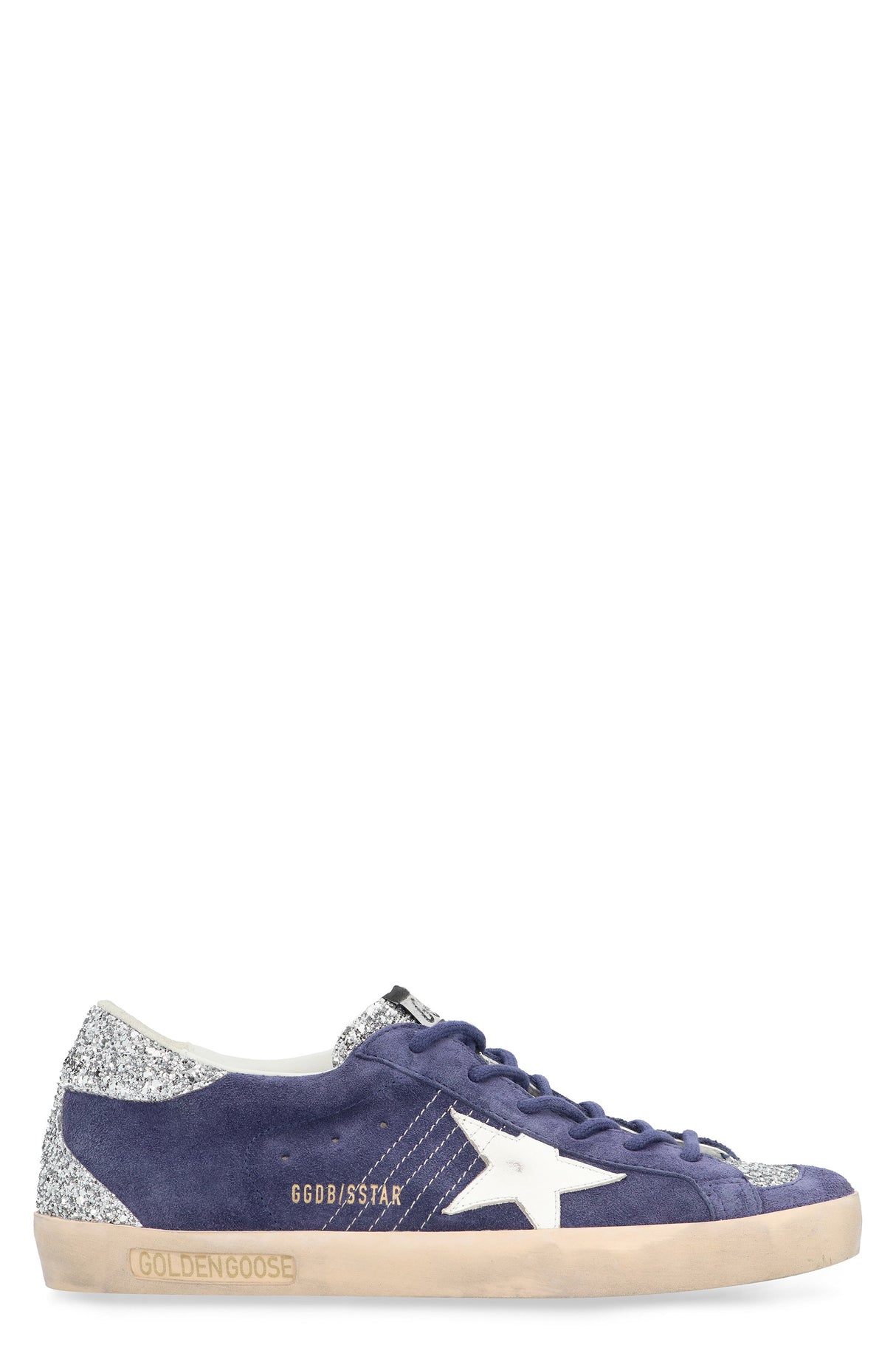 GOLDEN GOOSE Blue Suede Low Top Trainers with Rhinestone Inserts and Iconic Star for Women