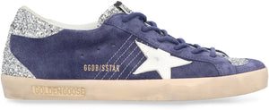 GOLDEN GOOSE Blue Suede Low Top Trainers with Rhinestone Inserts and Iconic Star for Women
