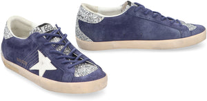 GOLDEN GOOSE Blue Suede Low Top Trainers with Rhinestone Inserts and Iconic Star for Women