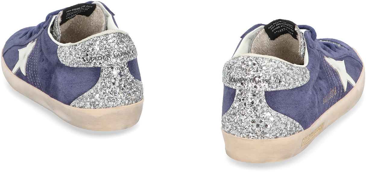 GOLDEN GOOSE Blue Suede Low Top Trainers with Rhinestone Inserts and Iconic Star for Women