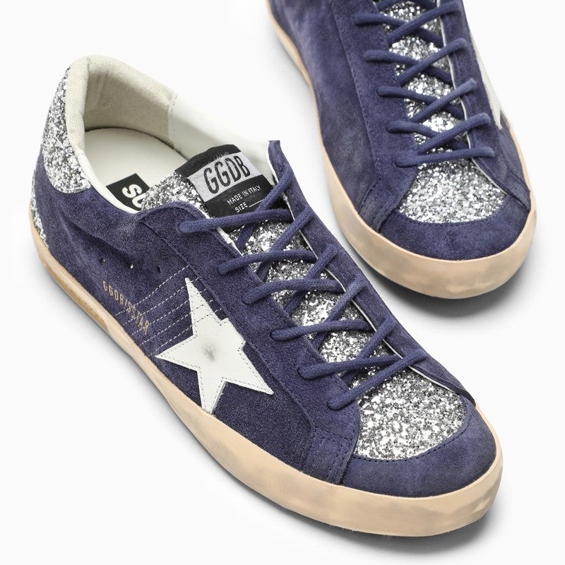 GOLDEN GOOSE Blue Suede Low Top Trainers with Rhinestone Inserts and Iconic Star for Women