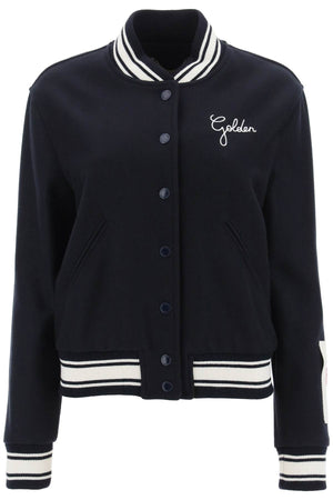 GOLDEN GOOSE Navy Wool Blend Bomber Jacket with Embroidered 'Golden' Lettering