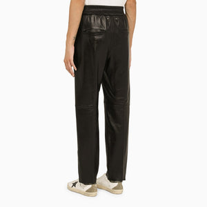 GOLDEN GOOSE Black Leather Pants with Stretch Waistband and Zippers on Hem for Women