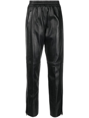 GOLDEN GOOSE Black Leather Pants with Stretch Waistband and Zippers on Hem for Women