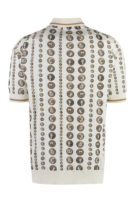 DOLCE & GABBANA Men's White Monete All Over Print Silk-Knit Polo Shirt