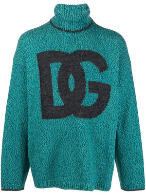 DOLCE & GABBANA Men's Wool Blend High Neck Sweater - Navy Intarsia-Knit Logo Jumper