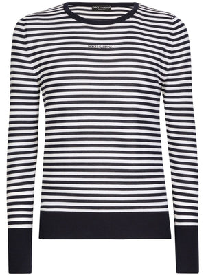 DOLCE & GABBANA Striped Crewneck Jumper in White and Navy Blue Virgin Wool for Men