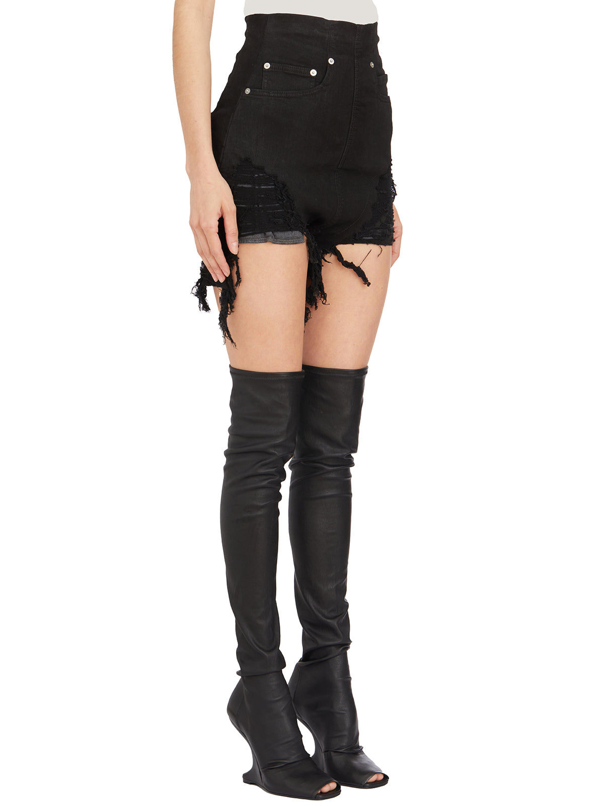 RICK OWENS Women's Black Denim Cutoff Shorts with Rivets and Distressed Detailing