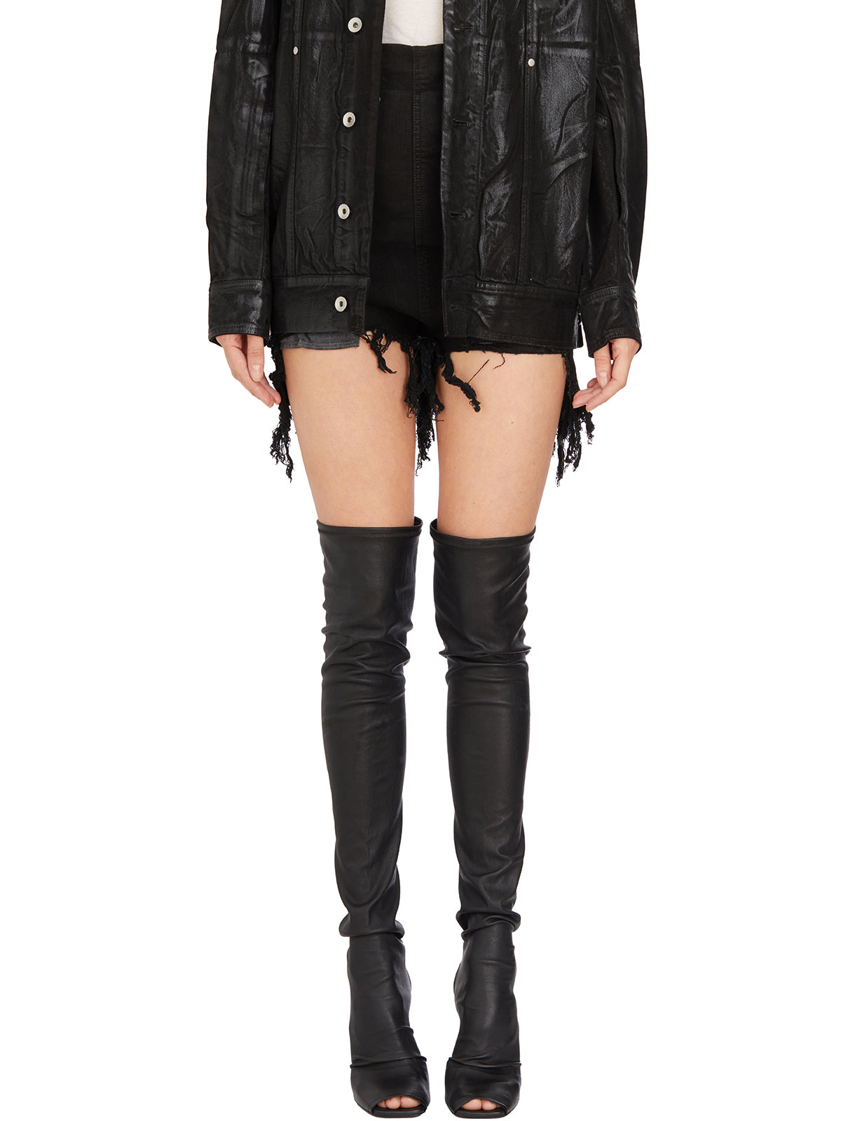 RICK OWENS Women's Black Denim Cutoff Shorts with Rivets and Distressed Detailing