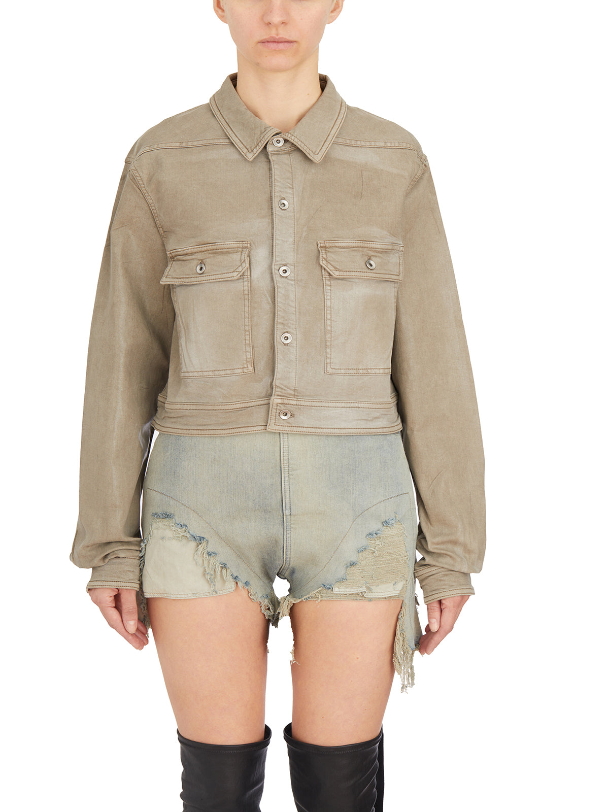 RICK OWENS Brown Denim Cape Sleeve Cropped Outershirt for Women