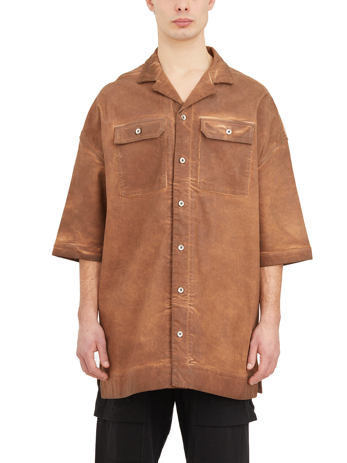 DRKSHDW Oversized Brown Shirt with Front Buttons, Side Slits, and Chest Pockets for Men