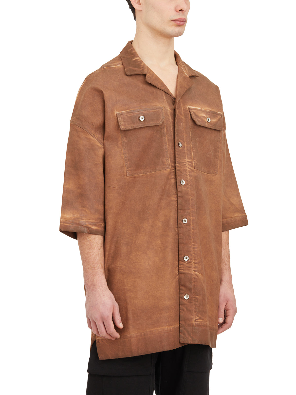 DRKSHDW Oversized Brown Shirt with Front Buttons, Side Slits, and Chest Pockets for Men