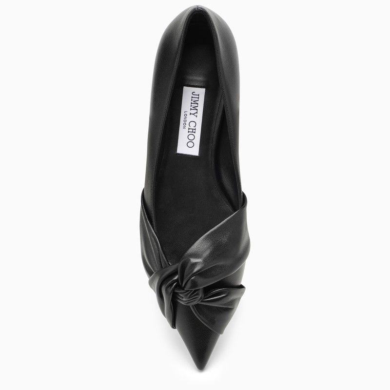 JIMMY CHOO Black Leather Ballerina - Pointed Toe Design, Knot Detail, Leather Sole