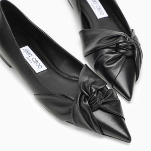 JIMMY CHOO Black Leather Ballerina - Pointed Toe Design, Knot Detail, Leather Sole