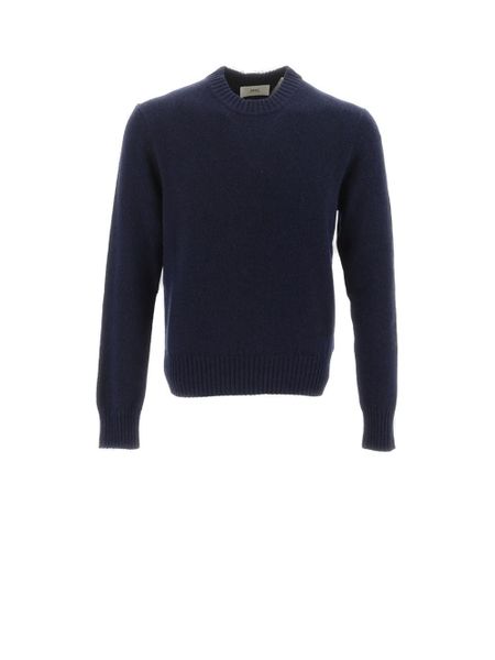 AMI PARIS Men's Blue Cashmere Sweater with Embroidered Details