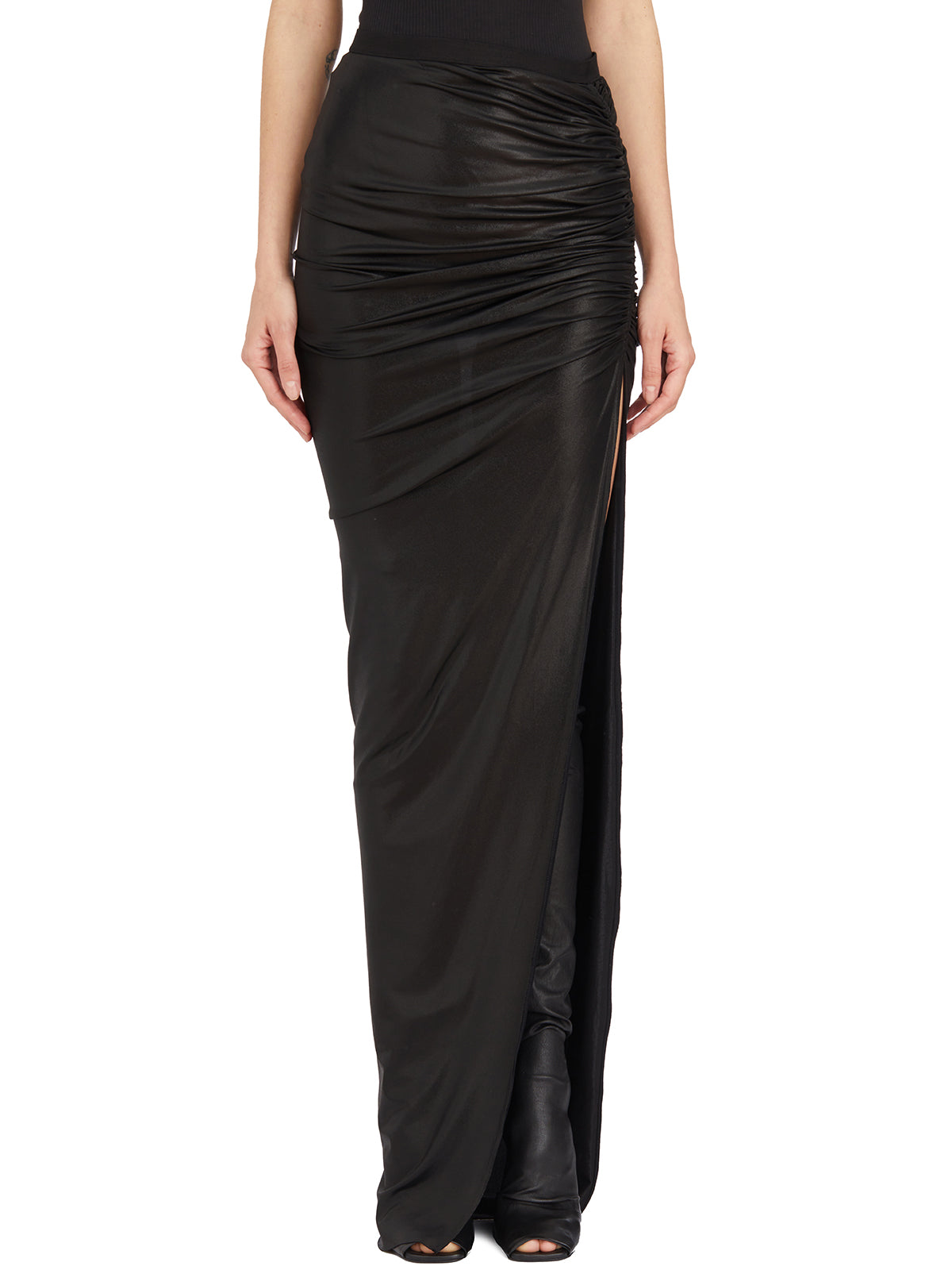 RICKOWENSLILIES Long Black Skirt with Draping and Stretch Fabric for Women
