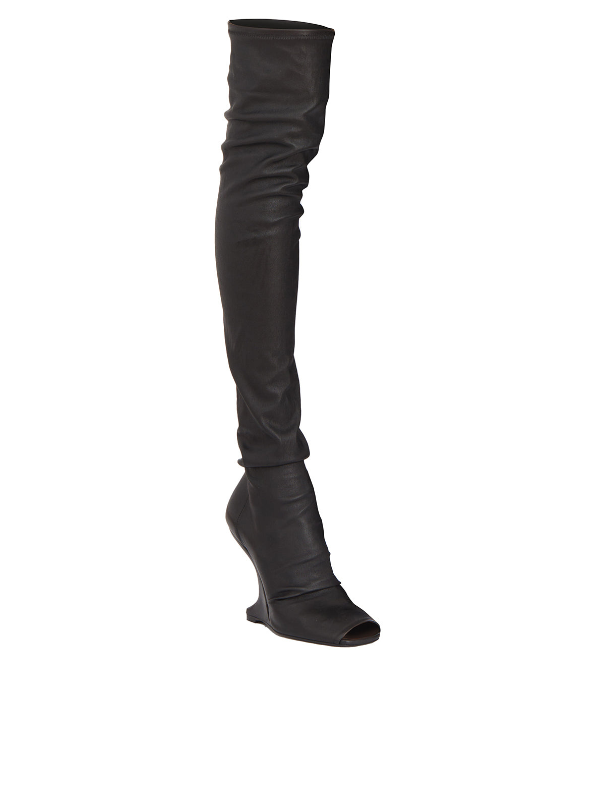 RICKOWENSLILIES Black Leather Cantilever Boots for Fashion-Forward Women