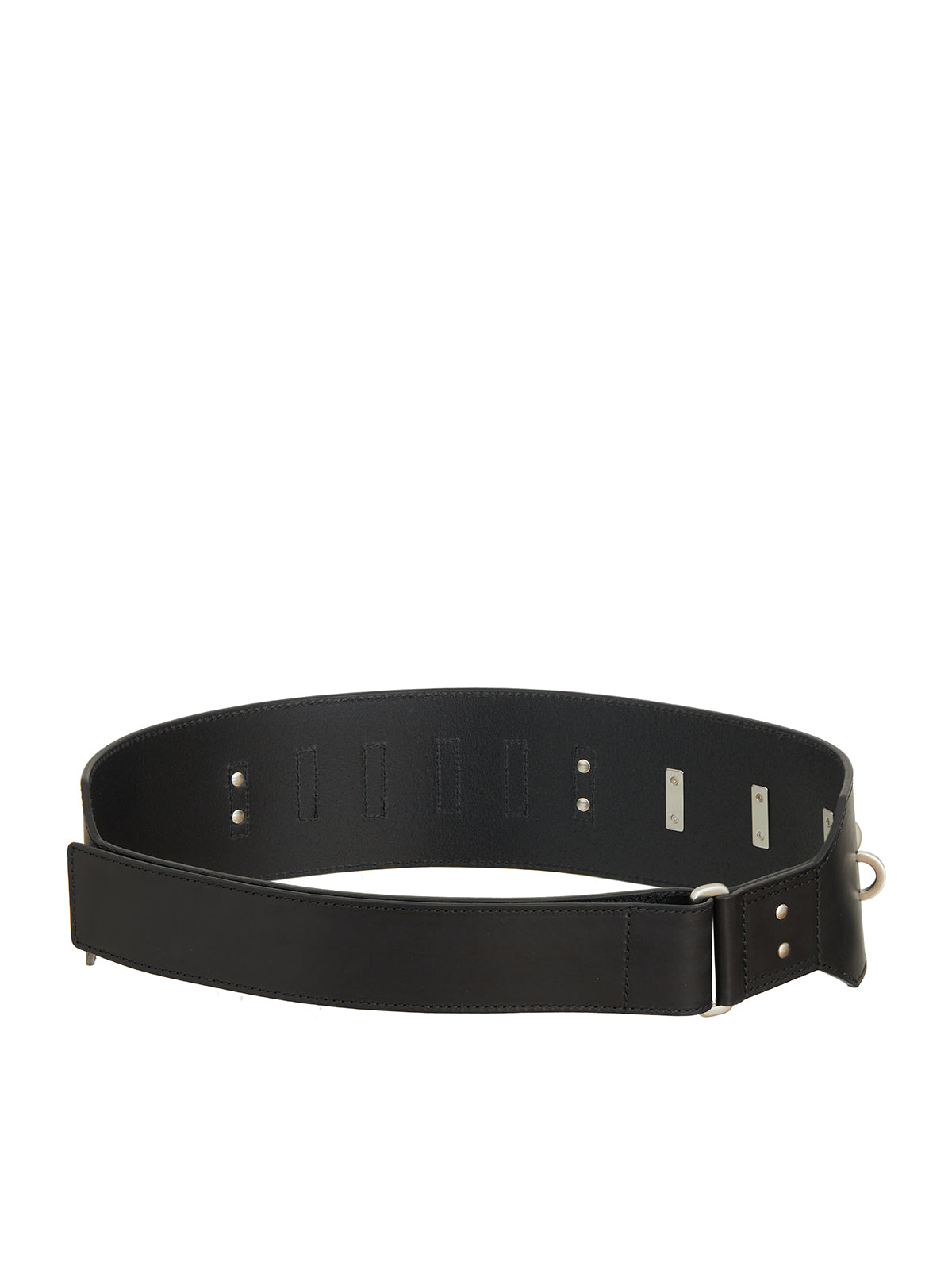 RICK OWENS Men's Black Rigid Belt with Adjustable Cinch Strap and Brass Rivet Details