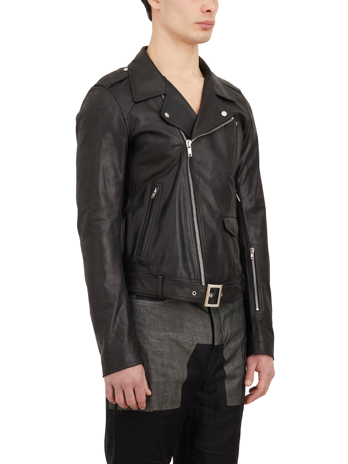 RICK OWENS Fitted Men's Biker Jacket with Classic Revers and Zipper Details