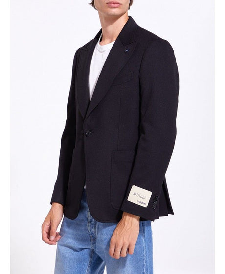 LARDINI Men's Wool Cashmere Jacket in Black | Peaked Lapels, Brooch Detail | Size 50