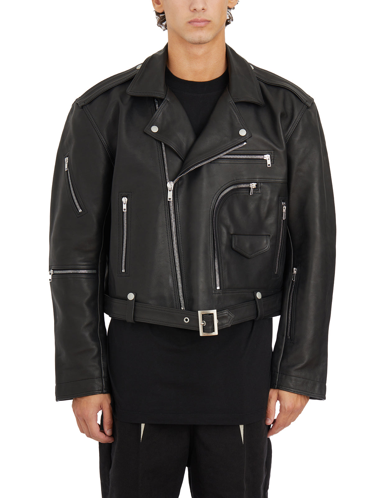 RICK OWENS Cropped Leather Jacket with Buttoned Shoulders - Men's Outerwear