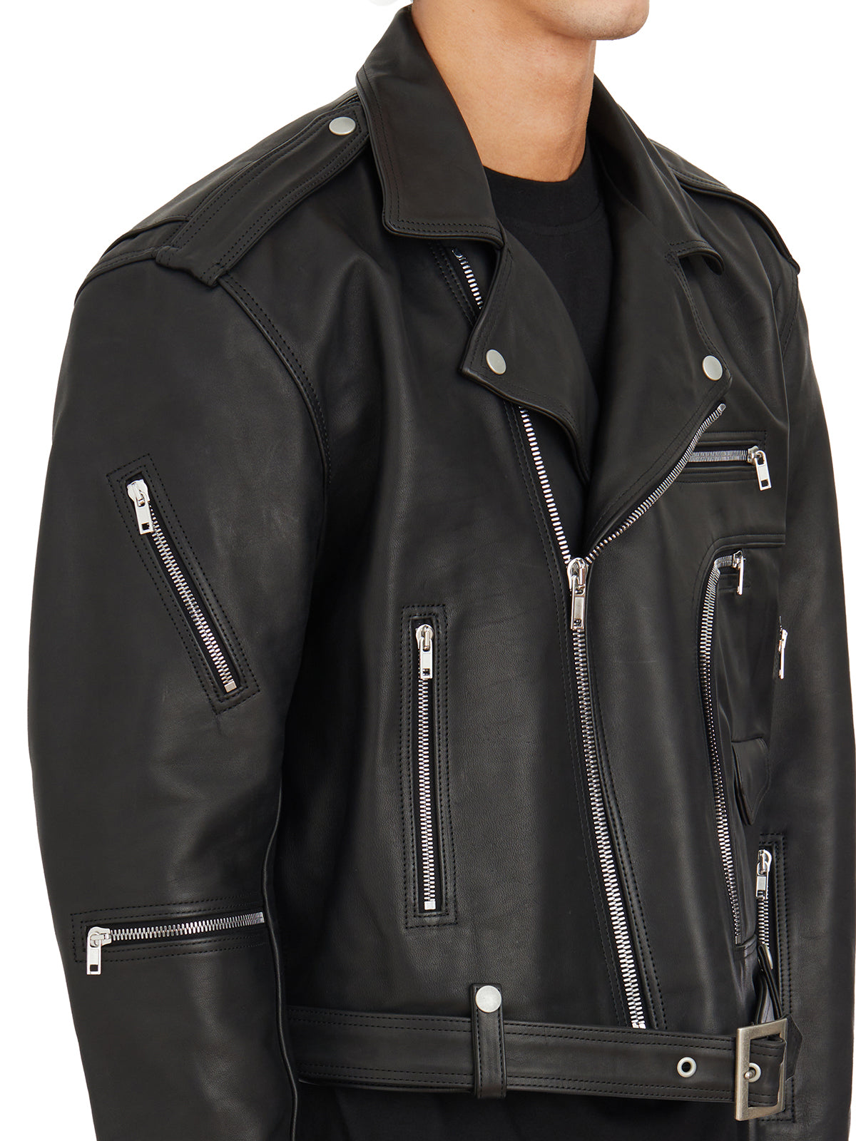 RICK OWENS Cropped Leather Jacket with Buttoned Shoulders - Men's Outerwear