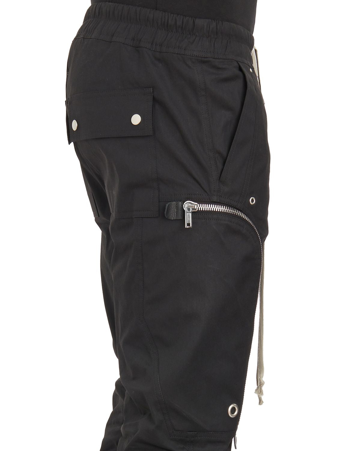 RICK OWENS Urban Luxe Black Cargo Trousers with Leather Accents - Size 48