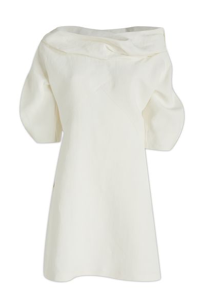 JIL SANDER White Linen and Viscose Blend Short Dress with Balloon Sleeves and Cowl Neckline