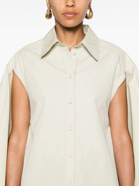 JIL SANDER Sage Green Cotton Poplin Texture Shirt for Women - high-low rear curved hem, front button fastening, long sleeves with buttoned cuffs