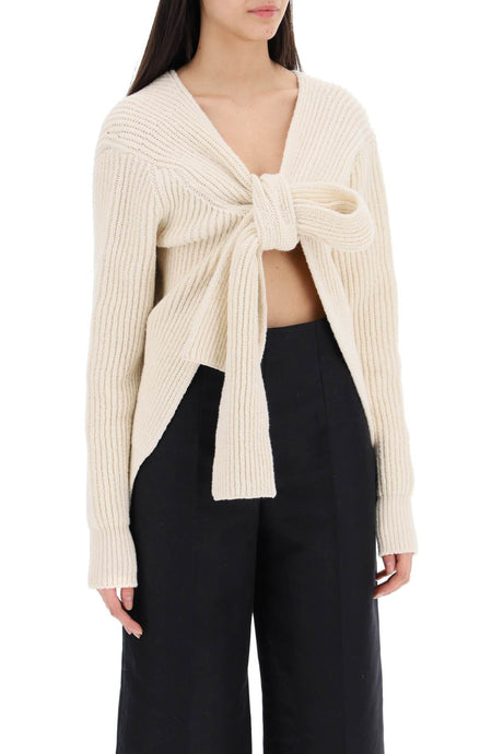 JIL SANDER Versatile Tan Ribbed Sweater with Tieable Closure