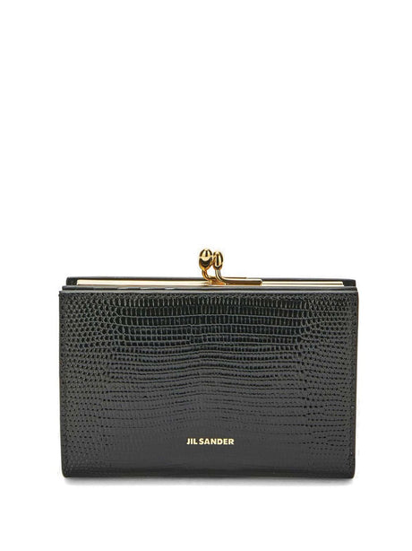 JIL SANDER Mini Lizard-Print Black Leather Wallet