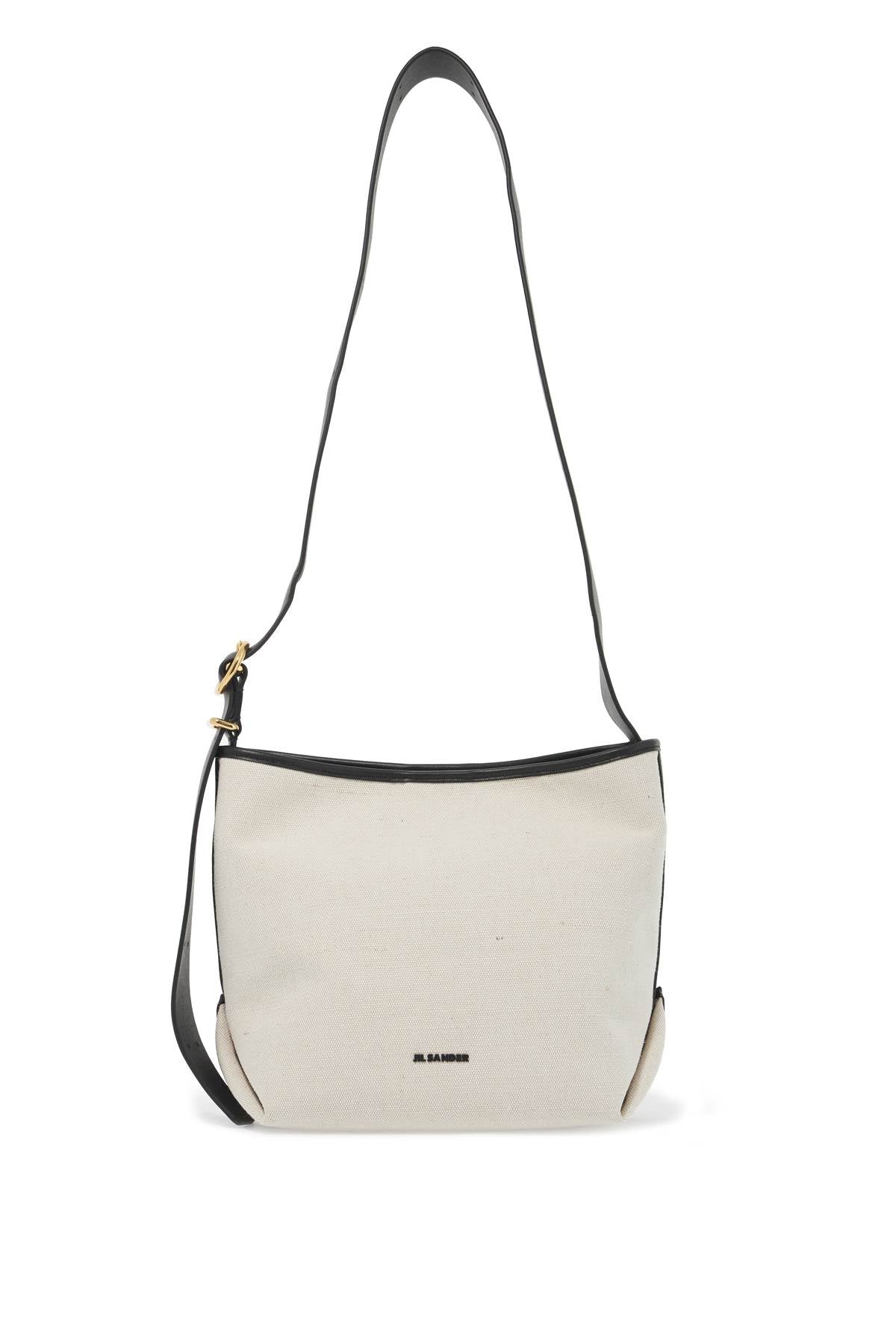JIL SANDER Small Folded Black Canvas & Leather Tote with Gold Accents and Adjustable Strap