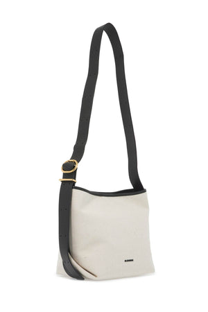 JIL SANDER Small Folded Black Canvas & Leather Tote with Gold Accents and Adjustable Strap