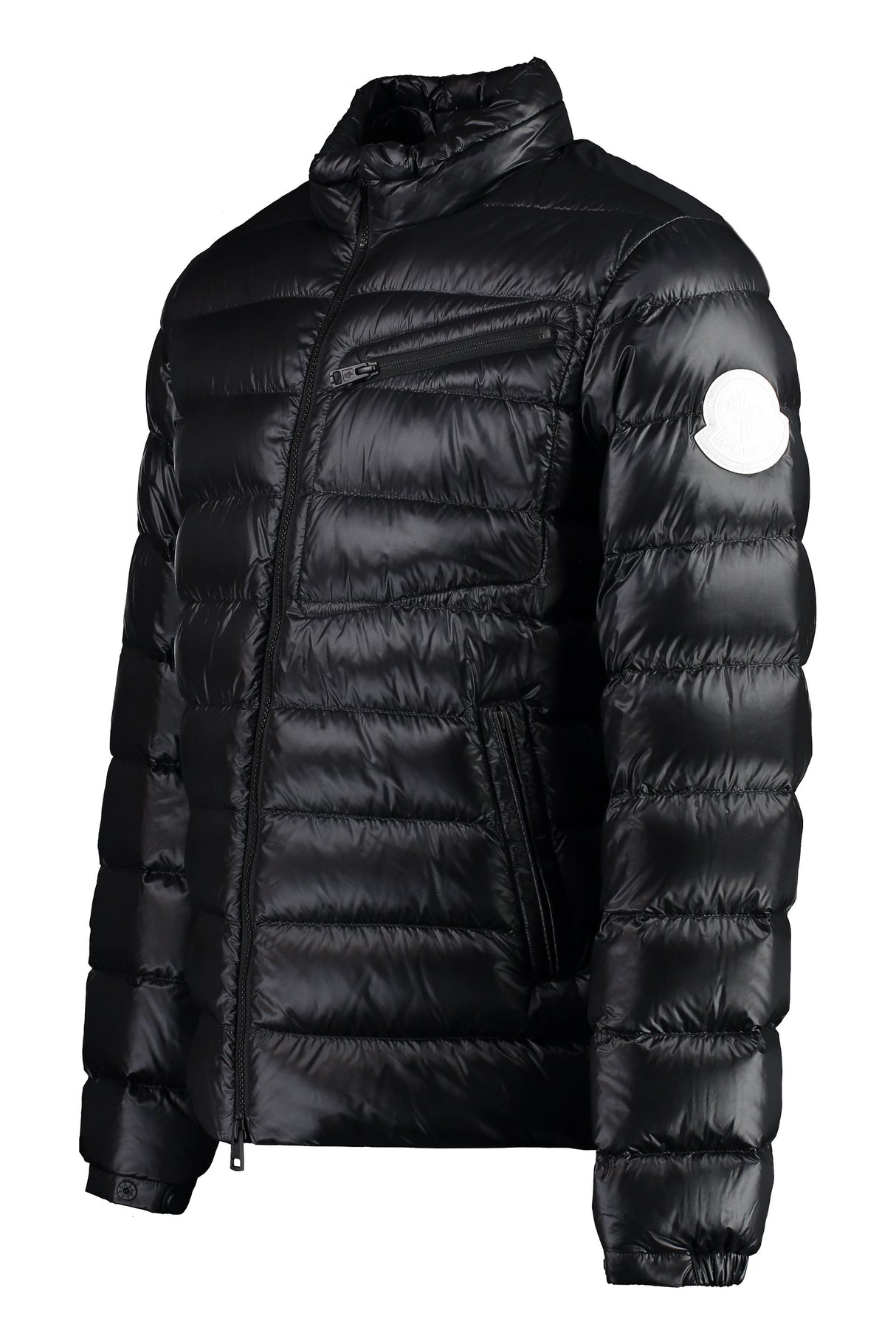 MONCLER Men's Black Down Jacket with Stand-Up Collar and Adjustable Hem for SS24