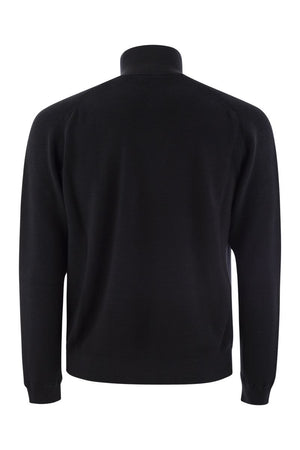 MONCLER Men's Navy Cotton-Blend Sweater with Logo Patch and Ribbed Knit Edges