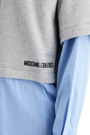 MOSCHINO COUTURE Hybrid Hooded Sweatshirt with Striped Shirt Detail