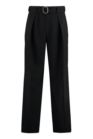 JIL SANDER Men's Black Wide Front Pleated Wool Trousers with Belt and Pockets for SS24