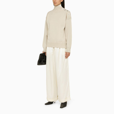 JIL SANDER Loose Natural-Colored Turtleneck for Women in Wool with Buttons and Ribbed Edges