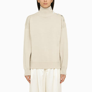 JIL SANDER Loose Natural-Colored Turtleneck for Women in Wool with Buttons and Ribbed Edges