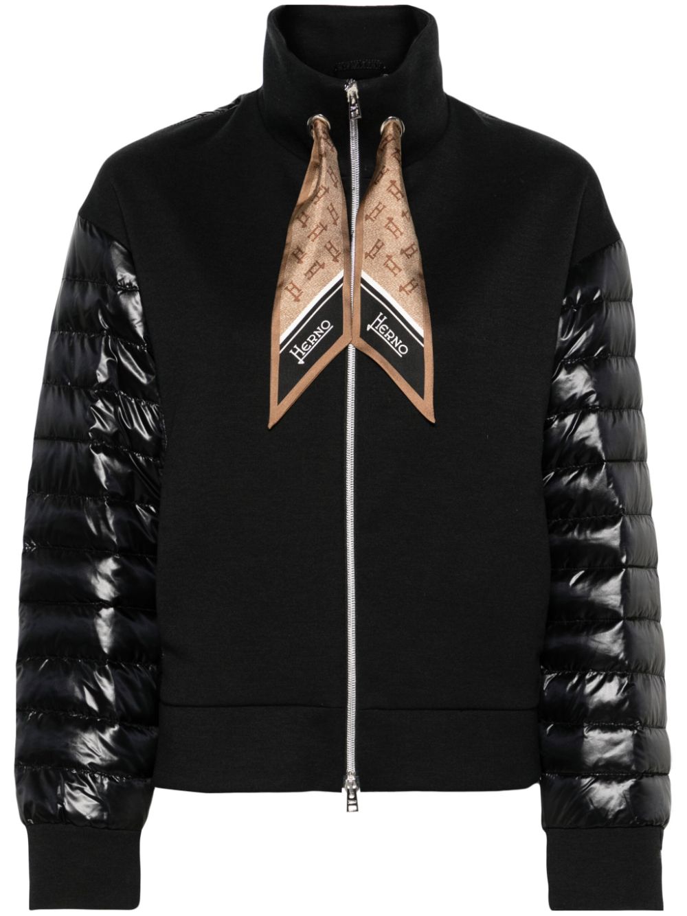 HERNO Black Quilted Yoga Bomber Jacket with Detachable Scarf for Women - SS24