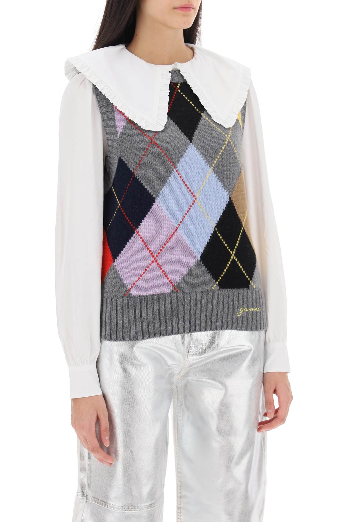 GANNI Harlequin Wool Mix Knit Vest GREY