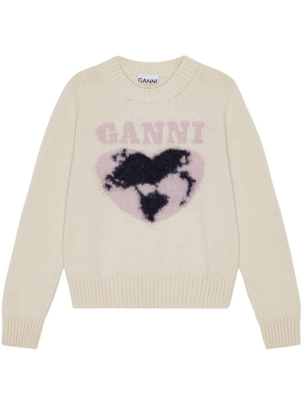 GANNI Chic Patterned Wool Crewneck Sweater