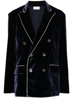 PIERRE LOUIS MASCIA Elegant Navy Blue Velvet Double-Breasted Jacket