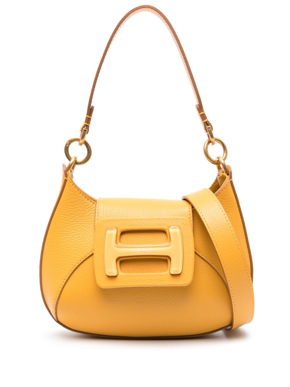 HOGAN Amber Yellow Mini Leather Hobo Handbag with Gold-Tone Accents and Detachable Strap