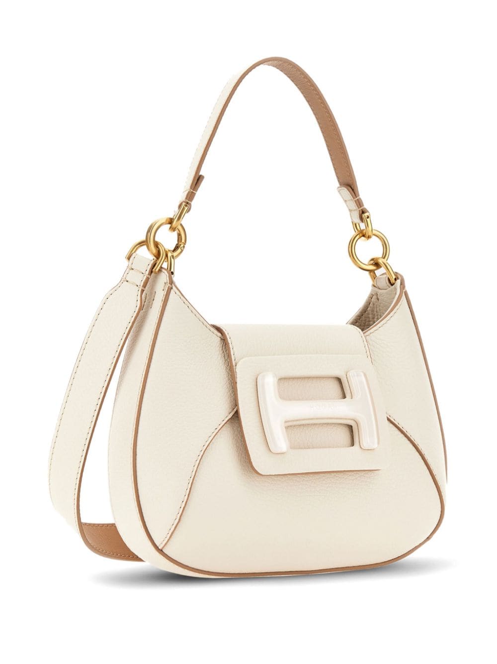HOGAN Cream White Pebbled Leather Mini Hobo Handbag with Gold-Tone Accents and Detachable Strap