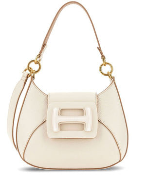 HOGAN Cream White Pebbled Leather Mini Hobo Handbag with Gold-Tone Accents and Detachable Strap