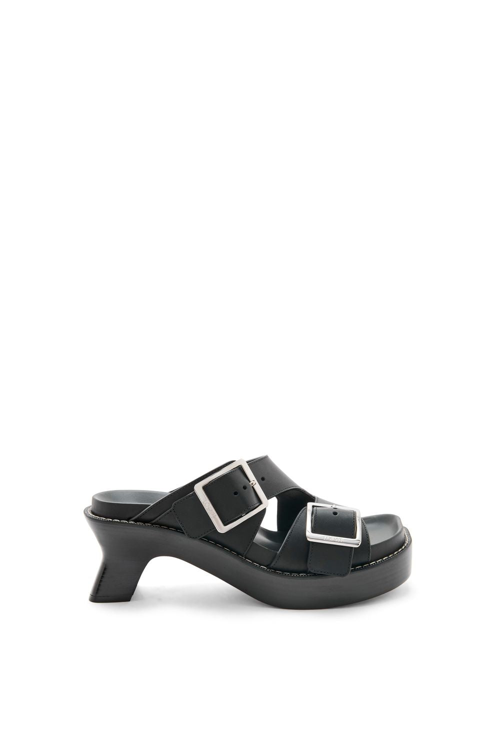 LOEWE Black Leather Heel Slides with Contrast Stitching