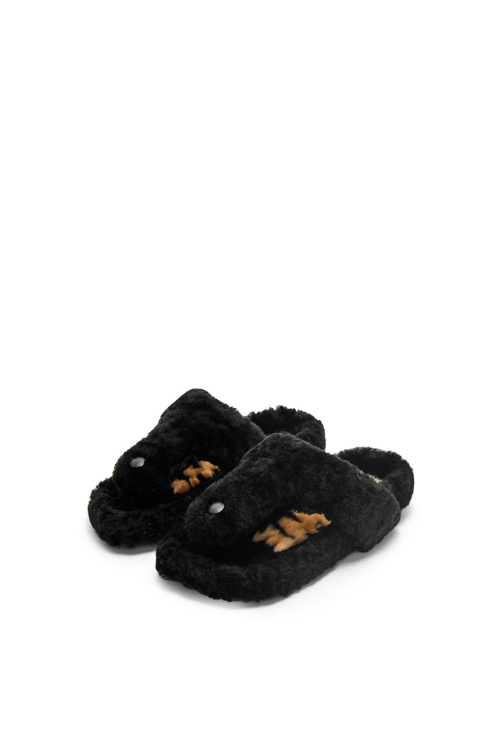 LOEWE Black Shearling Toe-Post Sandals for Women - FW23